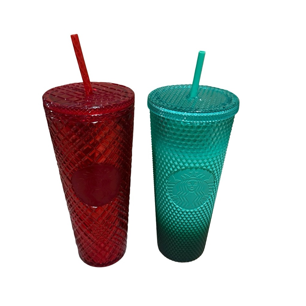 Starbucks‎ Venti 24oz Studded Tumbler Set Red Jewel & Teal Green Ombre Grid Cup